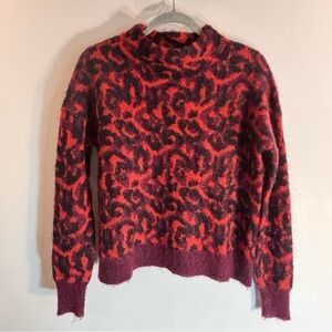 KAREN MILLEN Sz UK M Red Black Pink Animal Pattern Mock Neck Wool Mohair Sweater